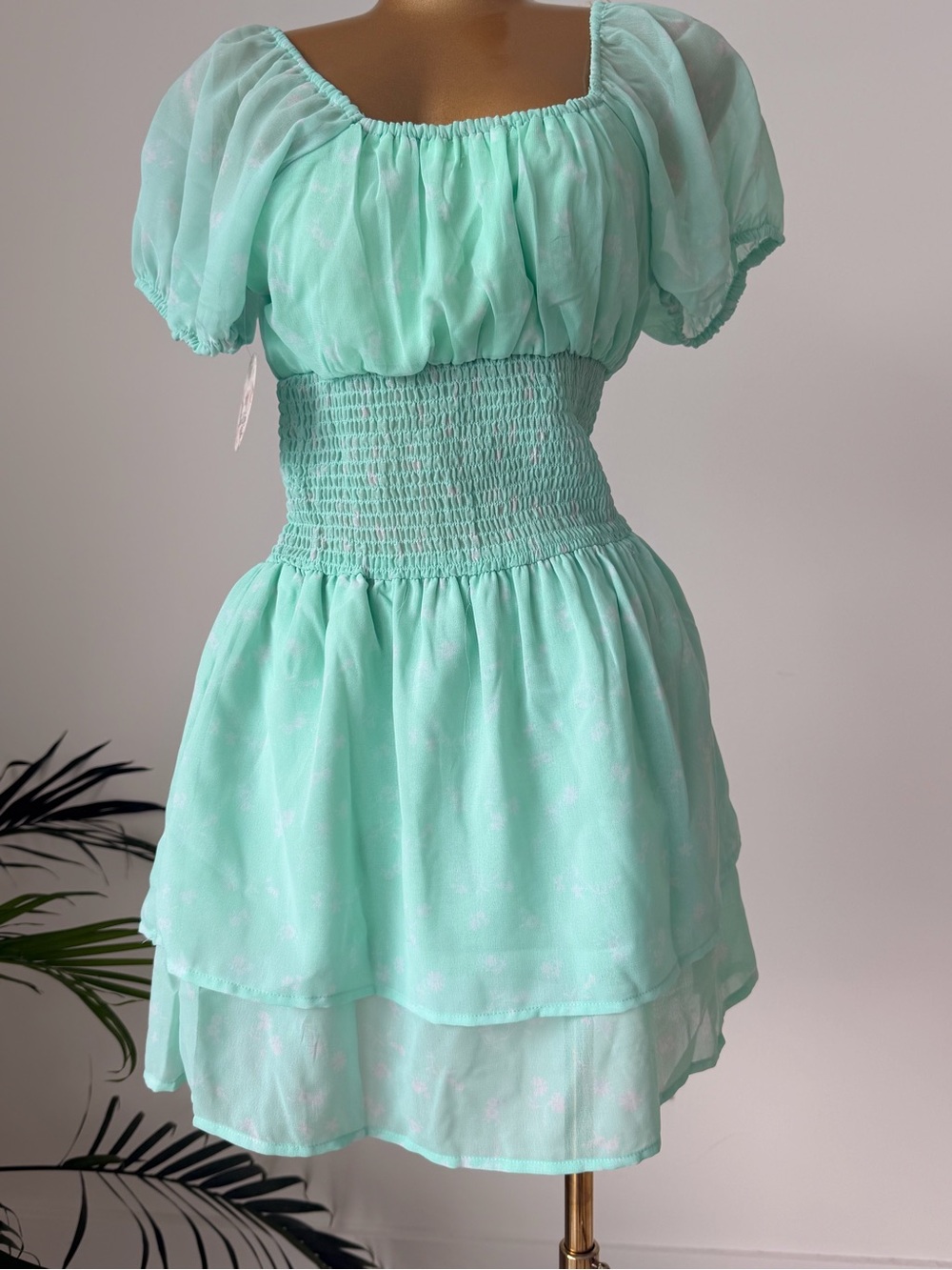Smocked Waist Puff-Sleeve Mini Dress in Mint